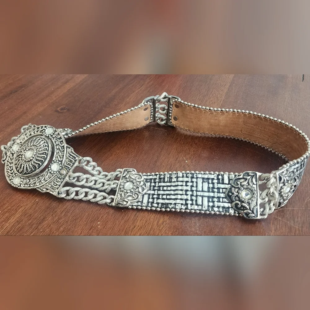 Vintage BB Simon Silver Metal And Leather‎ Belt Crystals And Chains